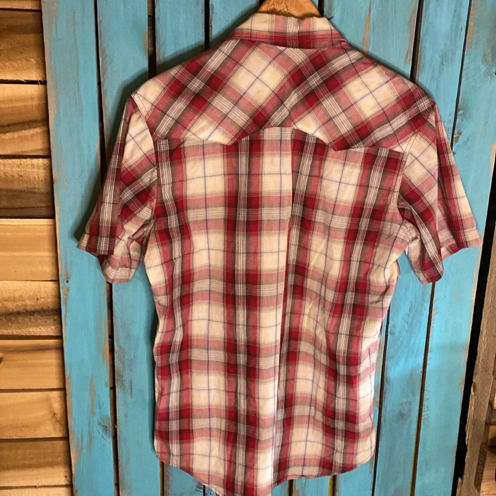 Vintage Wrangler Wrancher short sleeve pearl snap western shirt medium red white - Picture 5 of 6